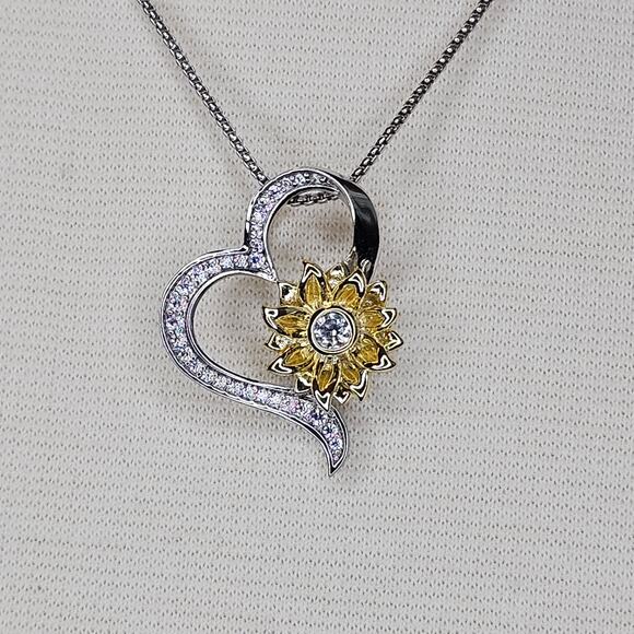 Sunflower Heart Necklace Silvertone Goldtone Clear Rhinestones Appx 21 inches - Picture 7 of 7